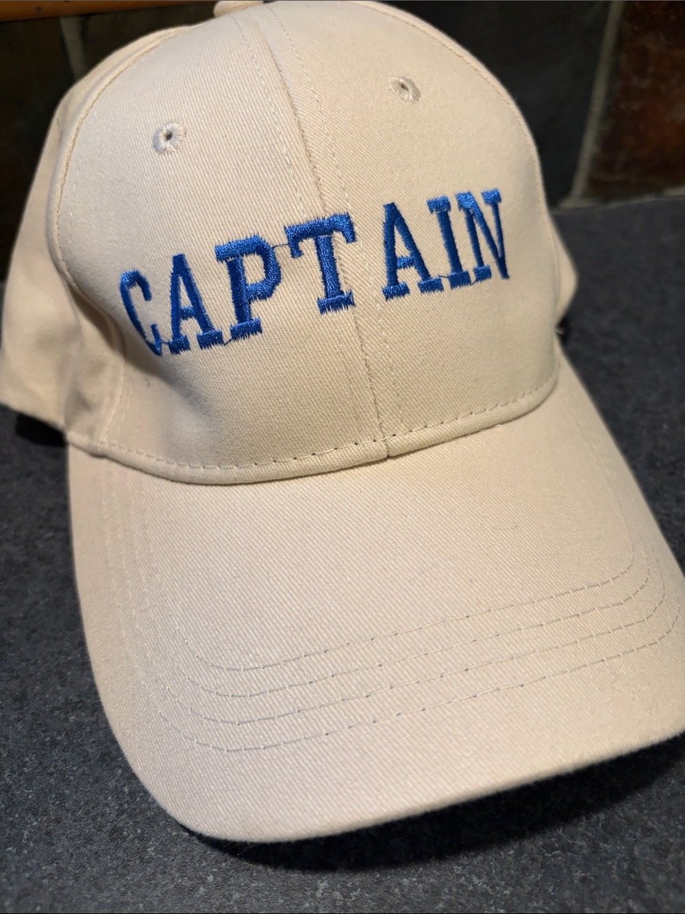 Captain Embroidered Baseball Cap - Cream with Blue Text